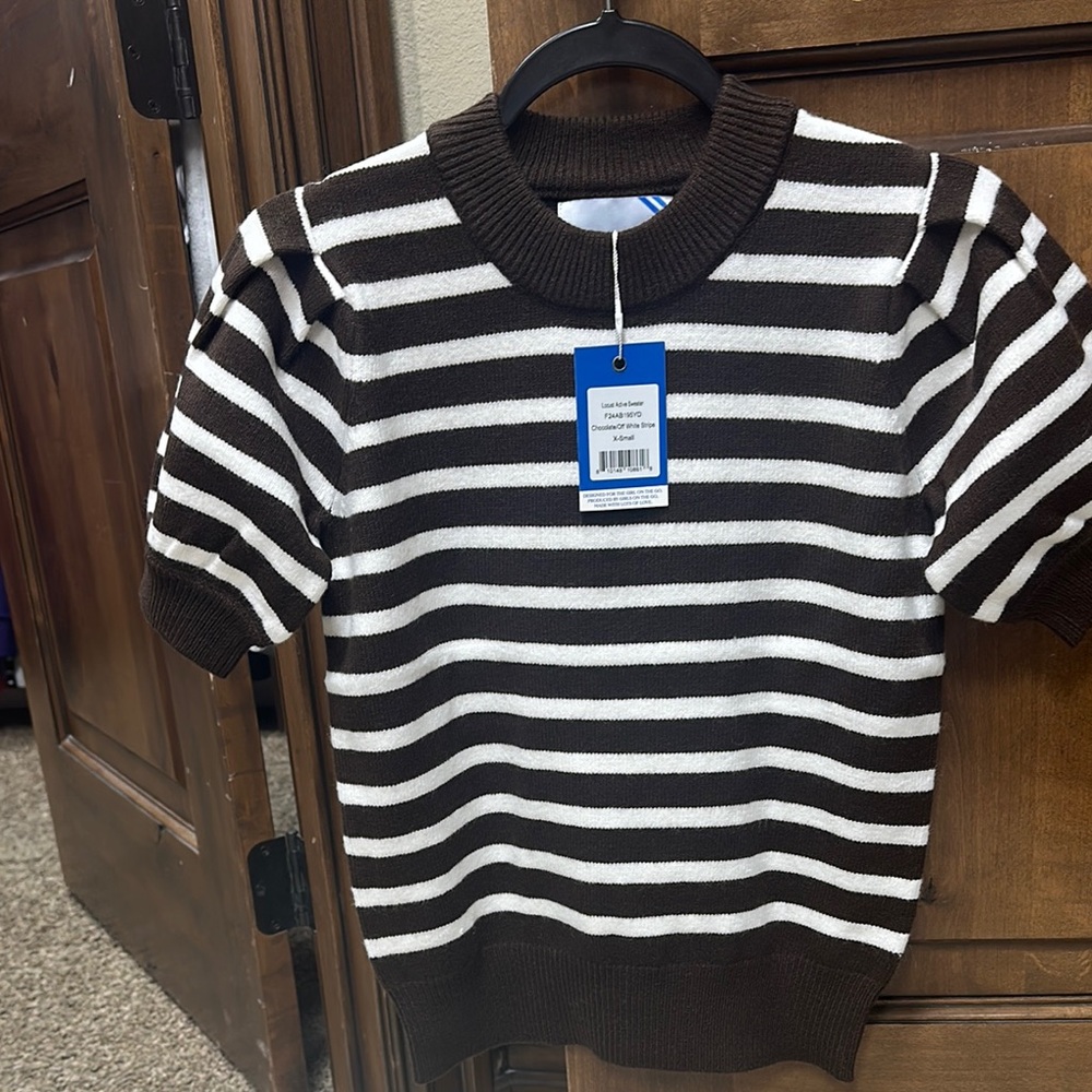 Brown and White Striped Short Sleeve Sweater